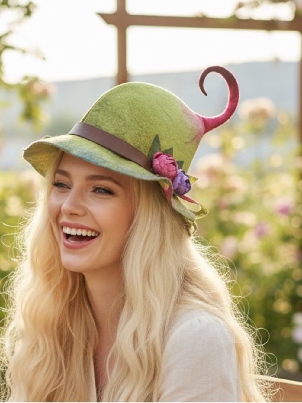 Whimsical Green Fairy Hat with Floral Accents - Picture 3 of 14